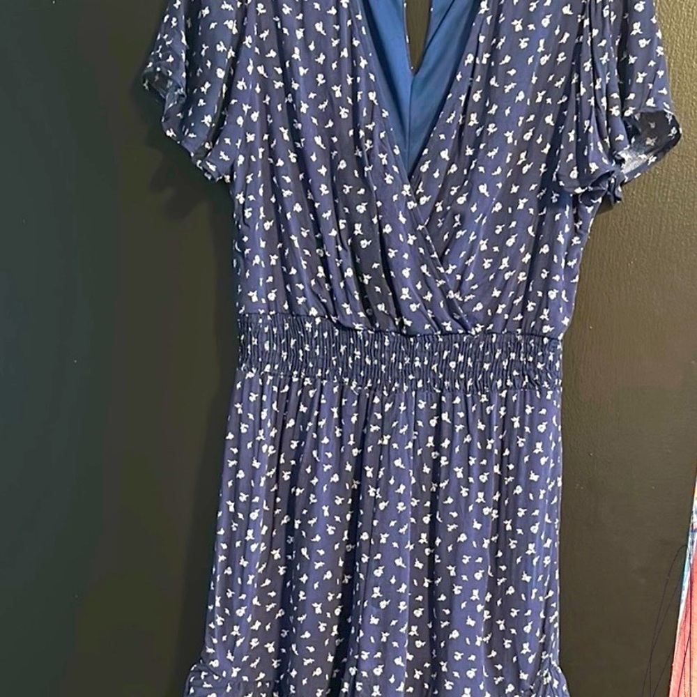Altar’d State Blue and White Romper with V-Neck and Flutter Sleeves